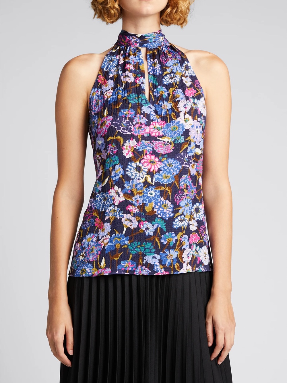 Tanya Taylor Purple Floral Halter Shell with Keyhole